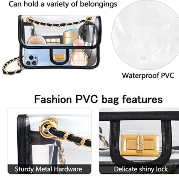 New Clear Crossbody Purse Handbag with Black Gold Chain - Picture 3 of 4